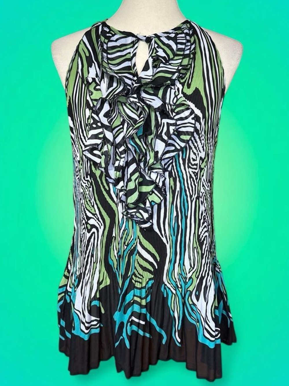Ruffled Halter Neck Abstract Print Blouse in Green & Teal